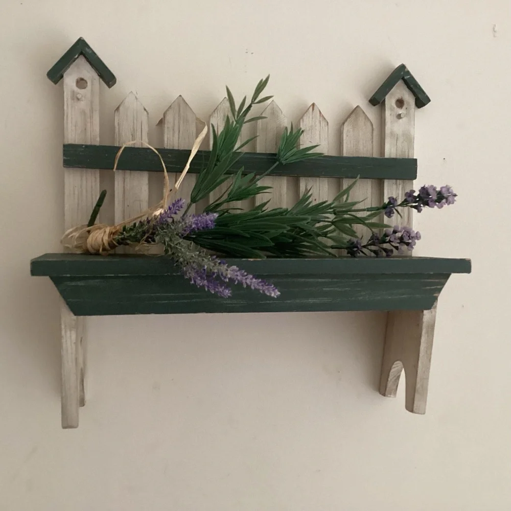 Rustic Green and Cream Wall Shelf with Planter